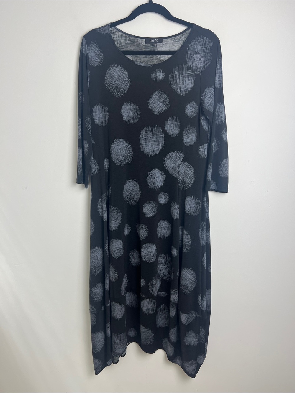 Comfy USA Large Black Gray Abstract Dot Pattern Bubble Hem Lagenlook Midi Dress
